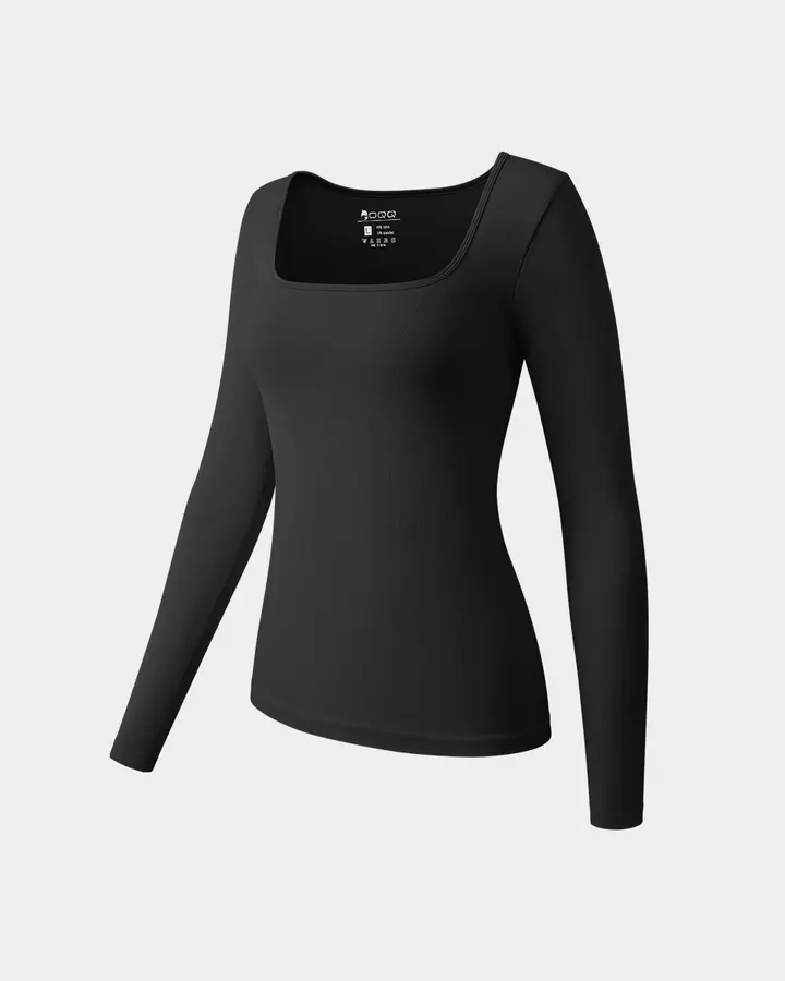 Long Sleeve Square Neck Stretch Fitted Underscrubs Layer de OQQ — Black, vista 1