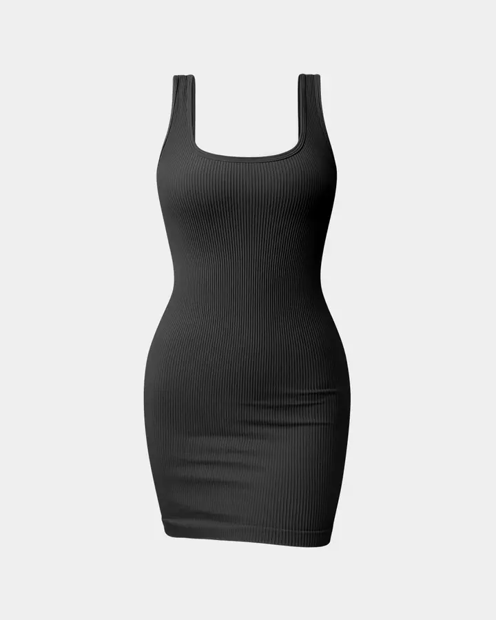 Ribbed Sleeveless Square Neck  Dress de OQQ — Black, vista 1