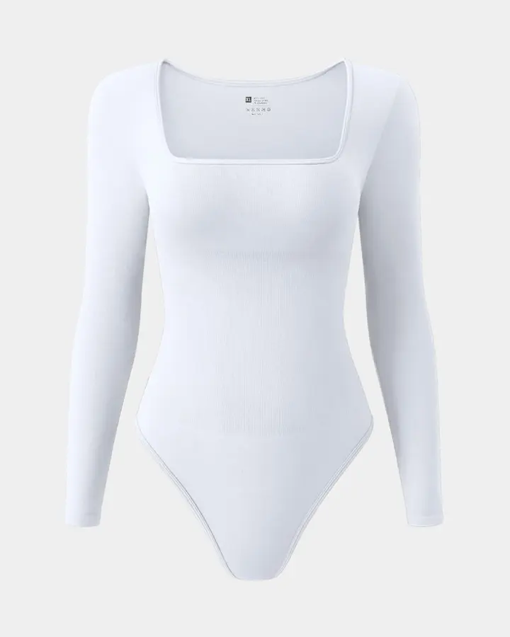Sexy Ribbed Square Neck Long Sleeve Bodysuits de OQQ — White, vista 1