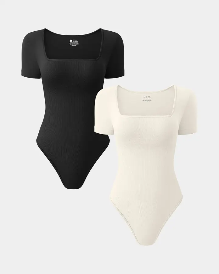 Square Neck Short Sleeve Bodysuits de OQQ — Black Beige, vista 1