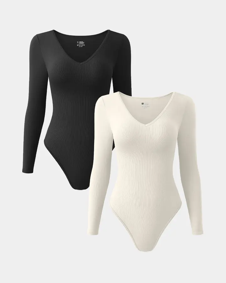 V Neck Long Sleeve Bodysuits de OQQ — Black Beige, vista 1
